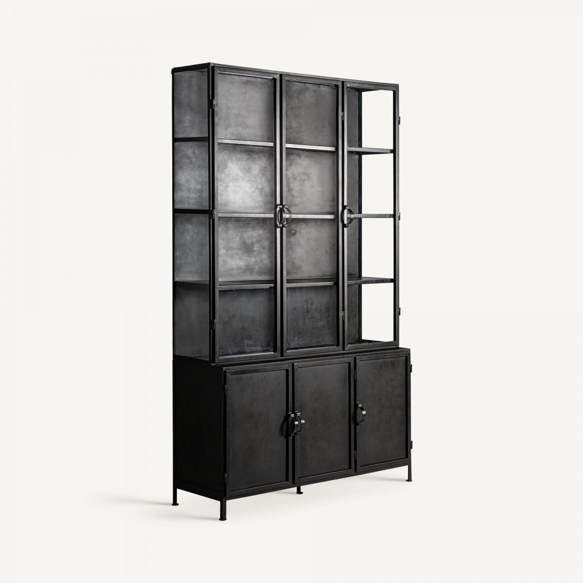 Liven display cabinet, black color, industrial style. Made of iron, combined with crystal.