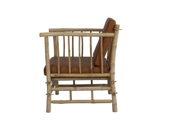Bamboo lounge chair with leather cushions very few in stock.