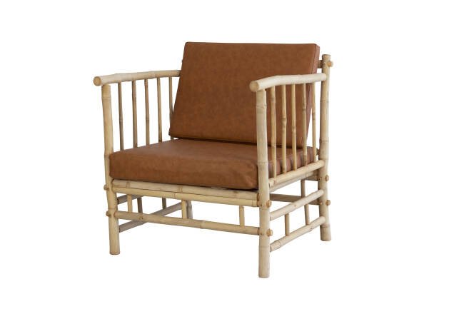 Bamboo lounge chair with leather cushions very few in stock.