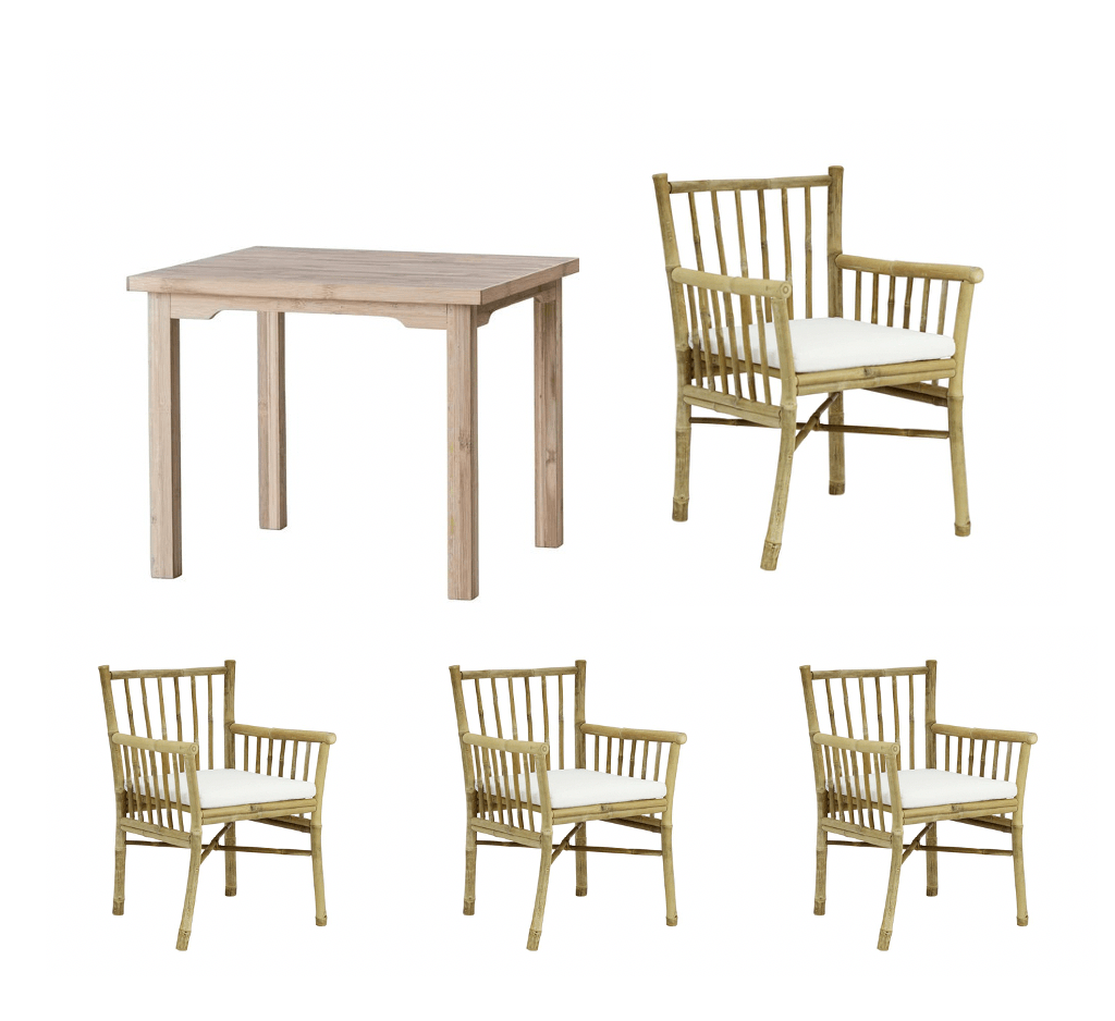 Bambuspakke, spisebord 90x90x75 og 4 spisebords stole