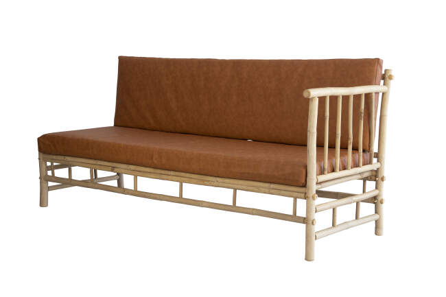Bamboo sofa for 3 people with leather cushions