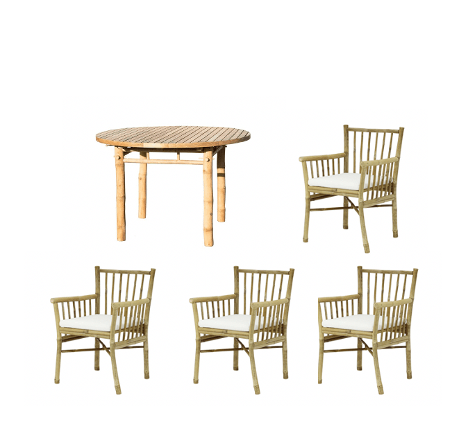 Bandeja de bambú, mesa de comedor Ø115 y 4 sillas de mesa de comedor Luna